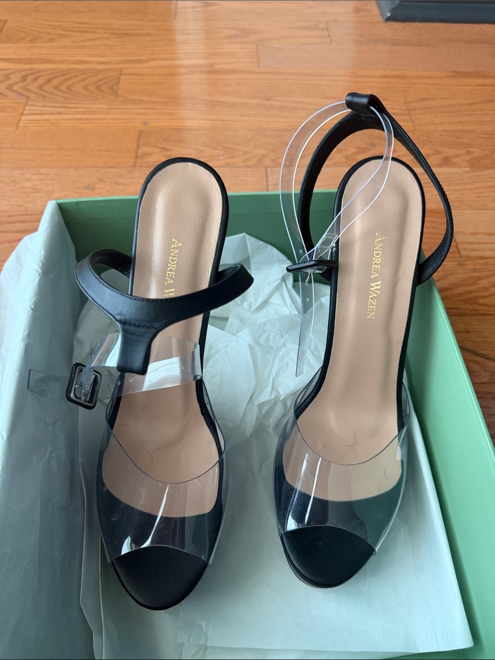 Andrea Wazen Black Clear-Strap Open-Toe Heels